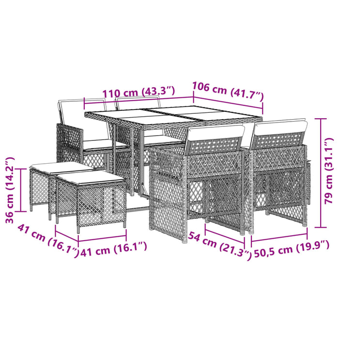 Set de masă pentru grădină, 9 piese, cu perne, bej, poliratan