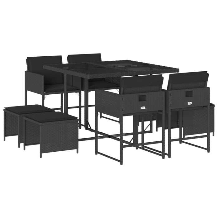 Set mobilier de grădină cu perne, 9 piese, negru, poliratan