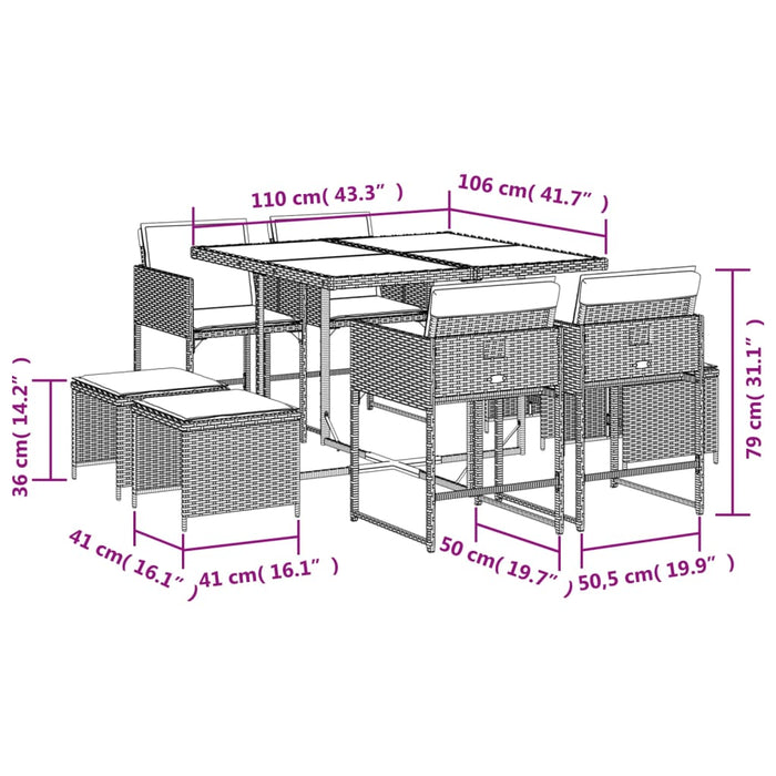 Set mobilier de grădină cu perne, 9 piese, maro, poliratan