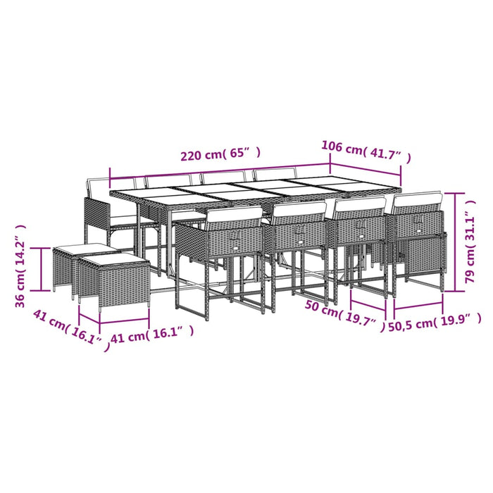 Set mobilier de grădină cu perne, 13 piese, gri, poliratan