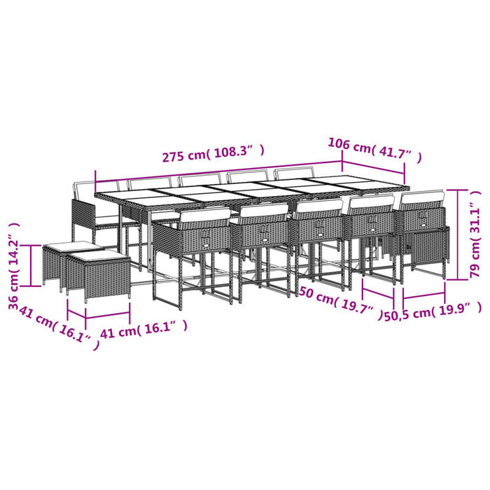 Set mobilier de grădină cu perne, 15 piese, maro, poliratan