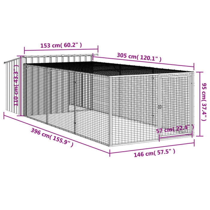 Cușcă câine cu țarc antracit 153x396x110 cm oțel galvanizat