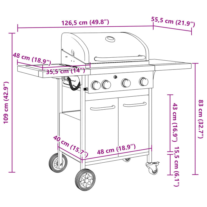 Grătar pe gaz cu 4 arzătoare, negru, oțel vopsit electrostatic