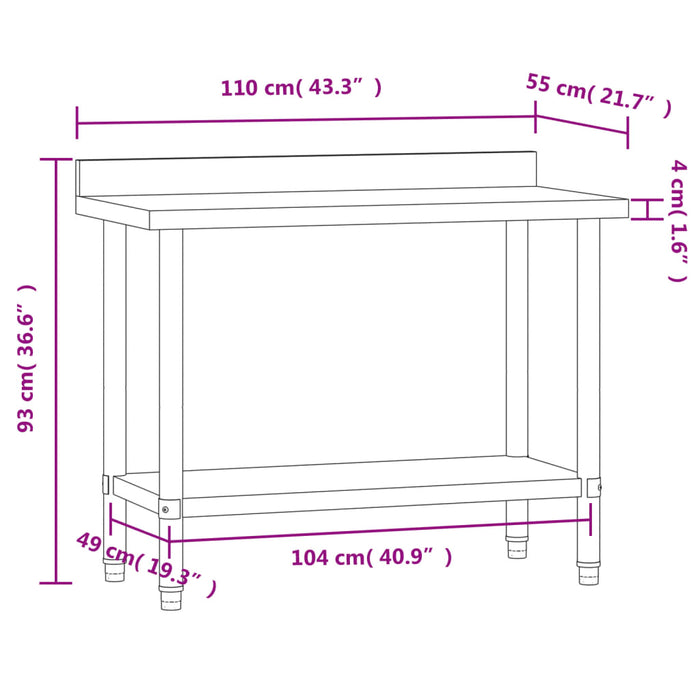 Masă de lucru bucătărie bordură antistropire 110x55x93 cm oțel