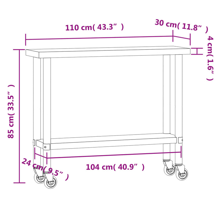 Masă de lucru bucătărie cu roți, 100x30x85 cm, oțel inoxidabil