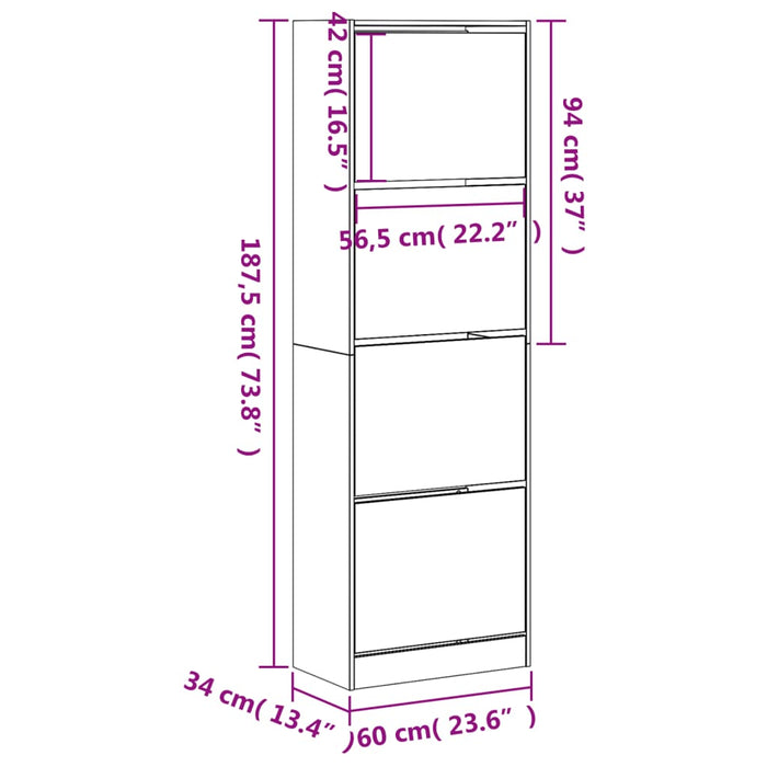 Pantofar cu 4 sertare rabatabile, gri sonoma, 60x34x187,5 cm