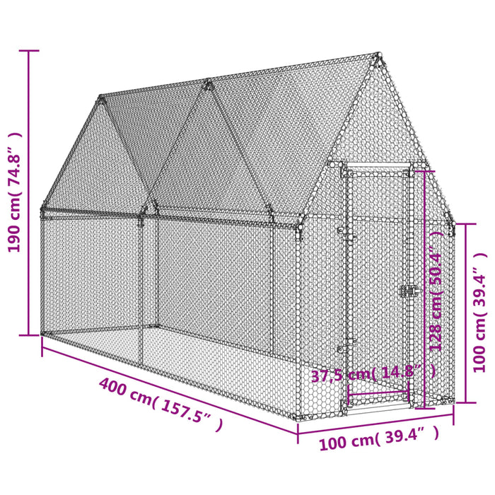 Coteț pentru păsări, gri, 400x100x190 cm, oțel galvanizat