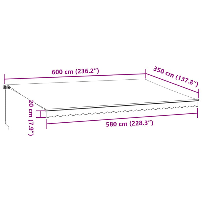 Copertina retractabilă manual cu LED, vișiniu, 600x350 cm