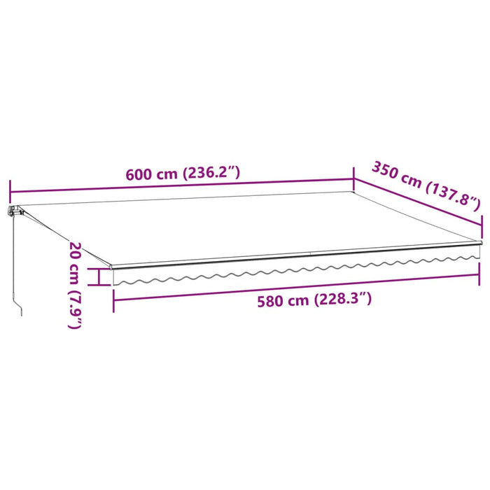 Copertina retractabilă manual cu LED-uri, maro, 600x350 cm