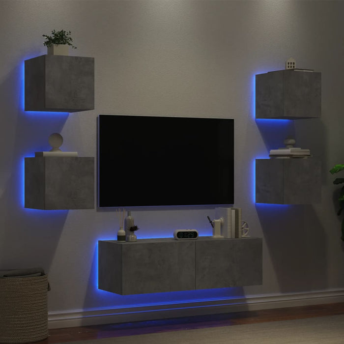 Comode TV de perete cu lumini LED, 5 piese, gri beton