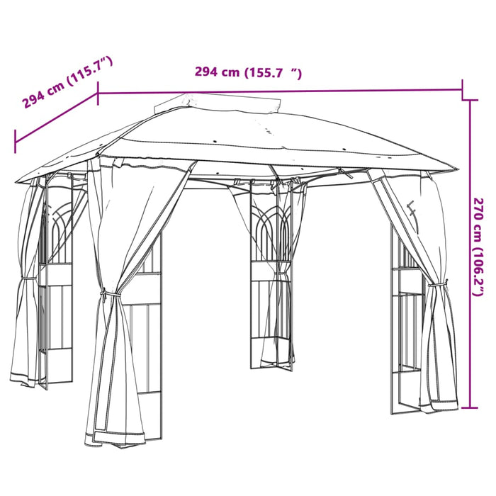 Foișor cu acoperiș dublu/pereți din plasă taupe 2,94x2,94m oțel