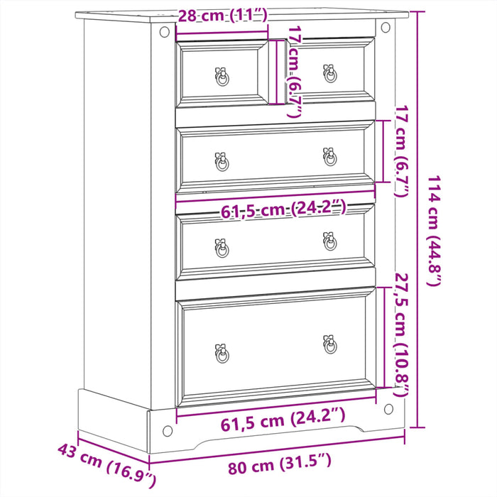 Dulap cu sertare „Corona”, 80x43x114 cm, lemn masiv de pin