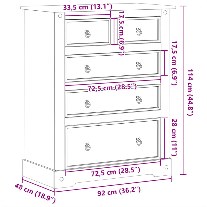 Dulap cu sertare „Corona”, 92x48x114 cm, lemn masiv de pin