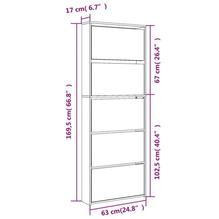 Pantofar cu oglindă 5 niveluri, alb extralucios, 63x17x169,5 cm