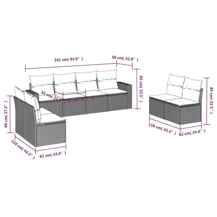 Set mobilier de grădină cu perne, 8 piese, negru, poliratan