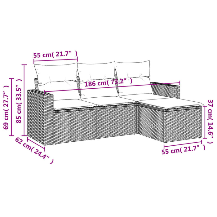 Set mobilier de grădină cu perne, 4 piese, negru, poliratan