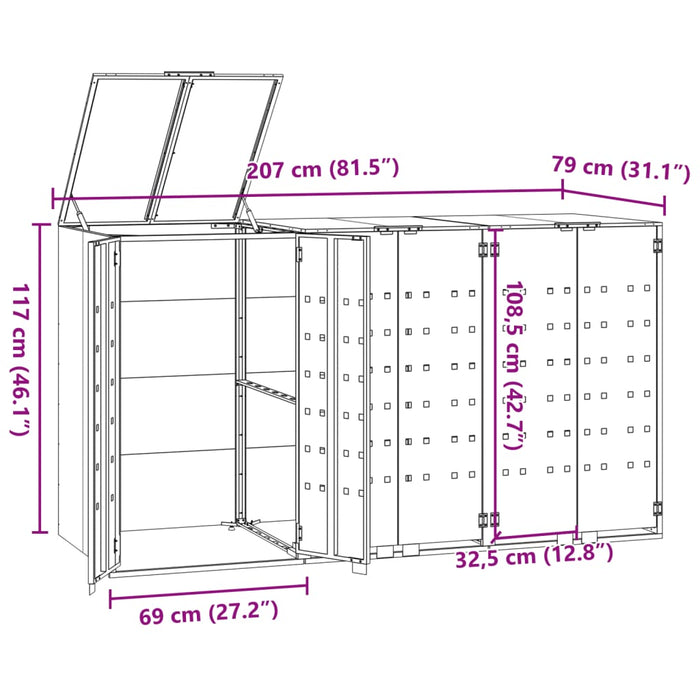 Depozitare coș gunoi cu roți 3 coșuri negru 207x79x117 cm oțel