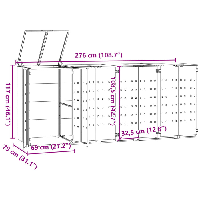 Depozitare coș gunoi cu roți 4 coșuri negru 276x79x117 cm oțel