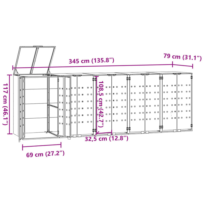 Depozitare coș gunoi roți 5 coșuri antracit 345x79x117 cm oțel