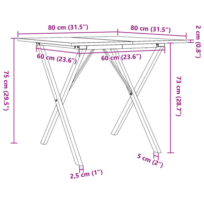 Masă de bucătărie, cadru X, 80x80x75 cm lemn masiv pin și fontă