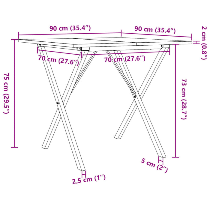 Masă de bucătărie, cadru X, 90x90x75 cm lemn masiv pin și fontă