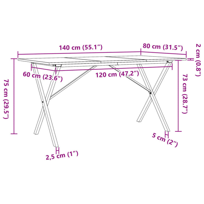 Masă de bucătărie, cadru X, 140x80x75cm lemn masiv pin și fontă