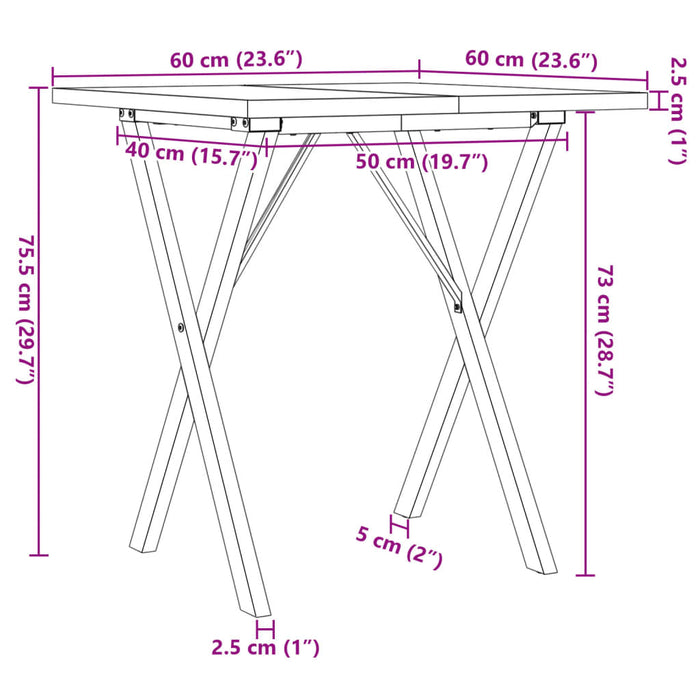 Masă bucătărie, cadru X, 60x60x75,5 cm lemn masiv pin și fontă