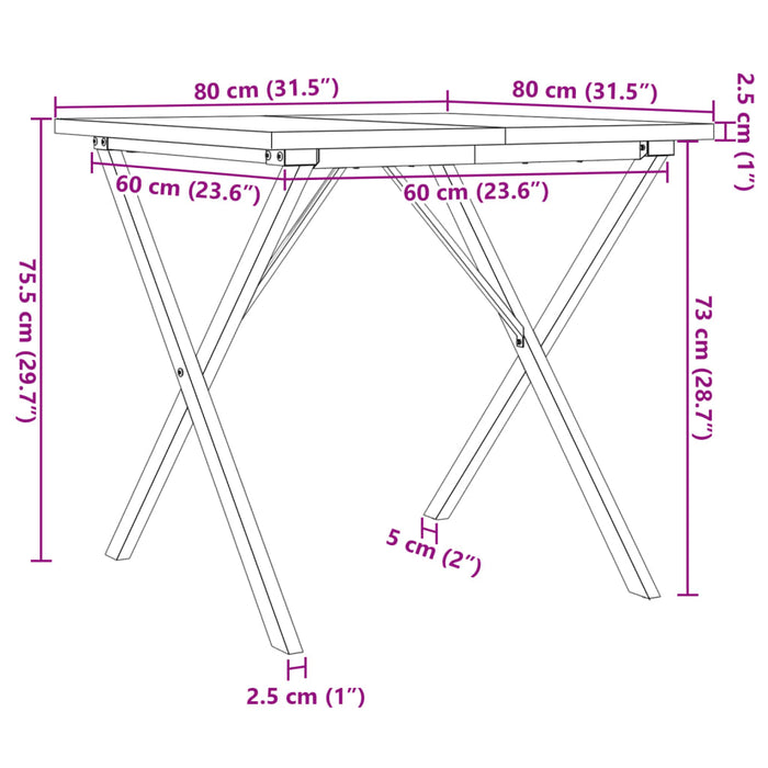 Masă bucătărie, cadru X, 80x80x75,5 cm lemn masiv pin și fontă