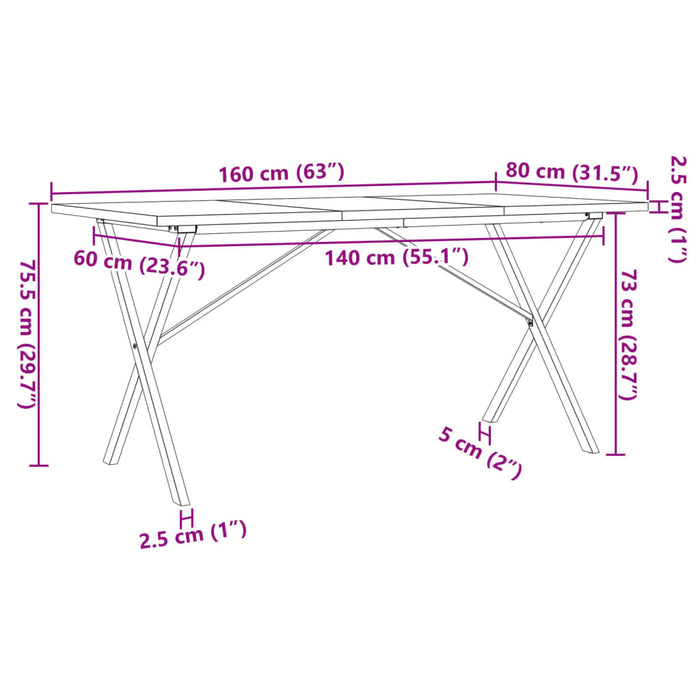 Masă bucătărie, cadru X, 160x80x75,5 cm lemn masiv pin și fontă