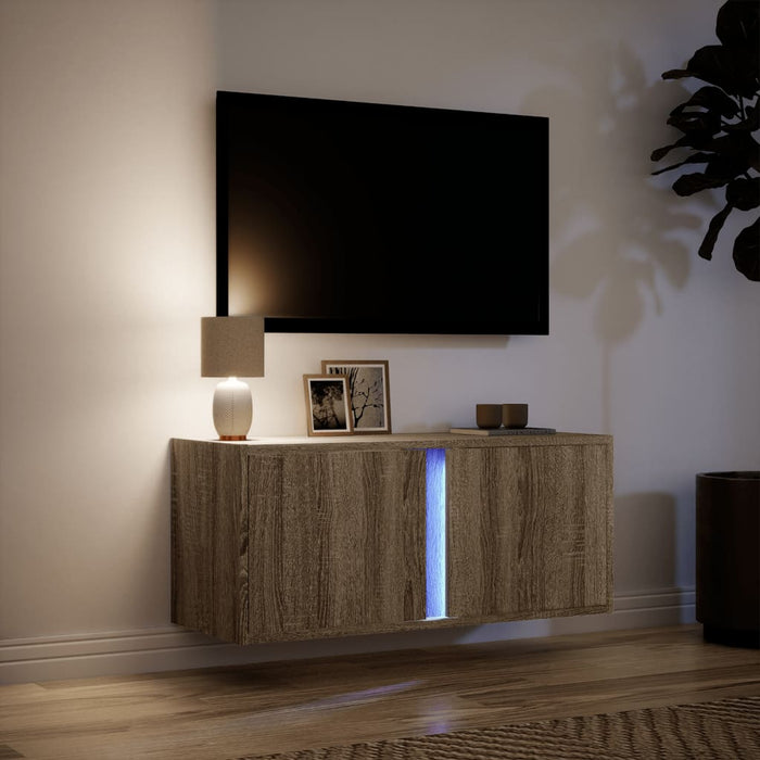 Comodă TV de perete cu lumini LED, stejar sonoma, 80x31x35 cm