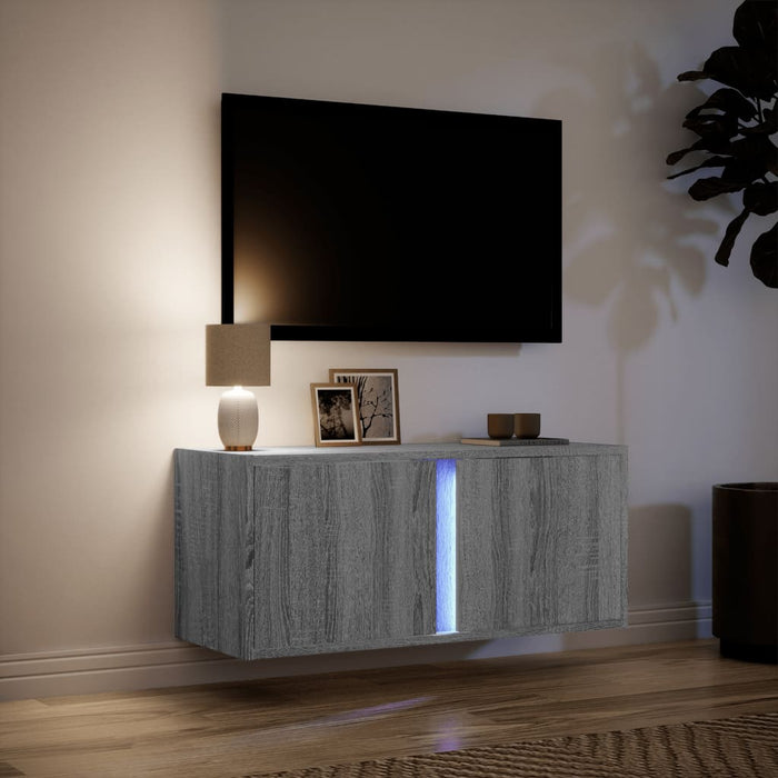 Comodă TV de perete cu lumini LED, gri sonoma, 80x31x35 cm