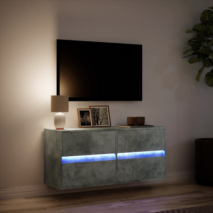 Comodă TV de perete cu lumini LED, gri beton, 100x31x45 cm