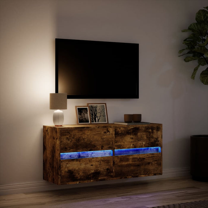 Comodă TV de perete cu lumini LED, stejar fumuriu, 100x31x45 cm