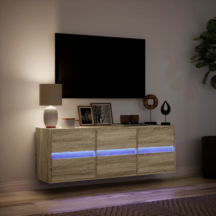 Comodă TV de perete cu lumini LED, stejar sonoma, 130x31x45 cm