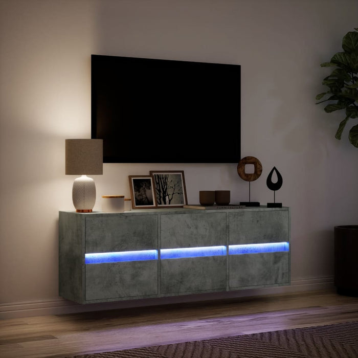 Comodă TV de perete cu lumini LED, gri beton, 130x31x45 cm