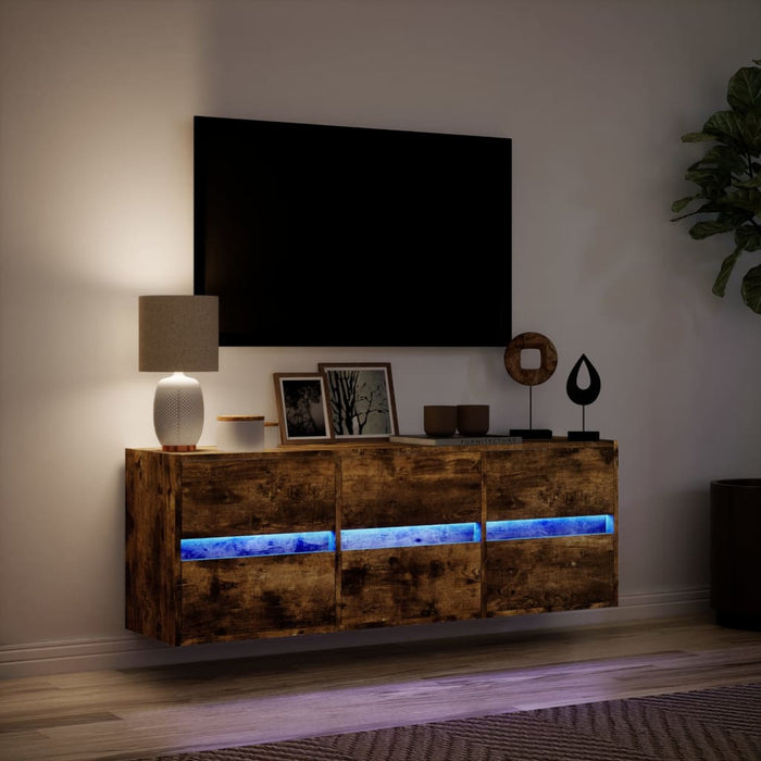 Comodă TV de perete cu lumini LED, stejar fumuriu, 130x31x45 cm