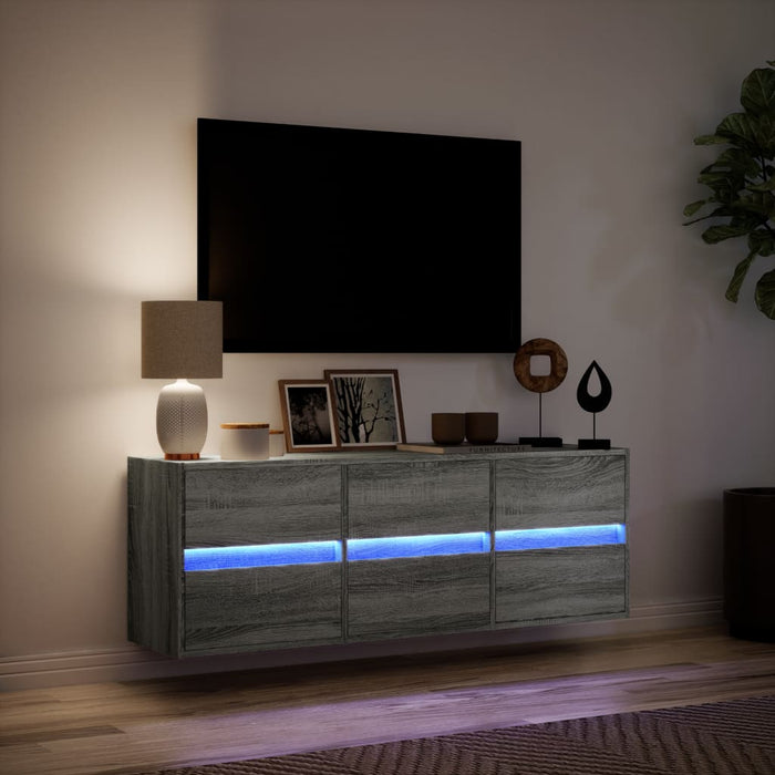 Comodă TV de perete cu lumini LED, gri sonoma, 130x31x45 cm