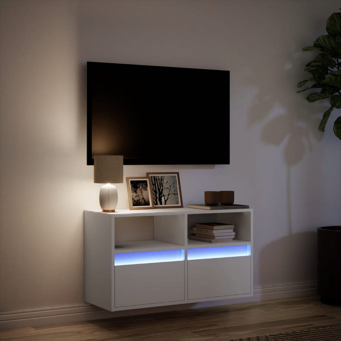 Comodă TV de perete cu lumini LED, alb, 80x31x45 cm