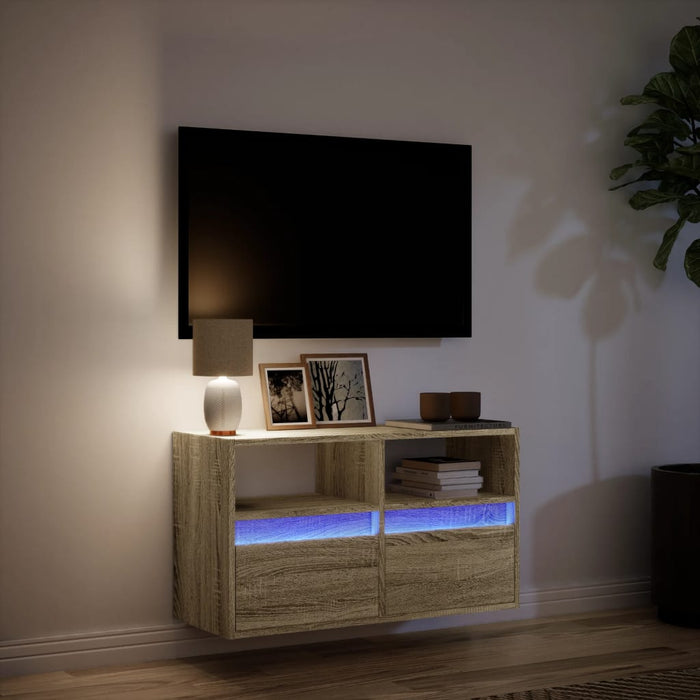 Comodă TV de perete cu lumini LED, stejar sonoma, 80x31x45 cm