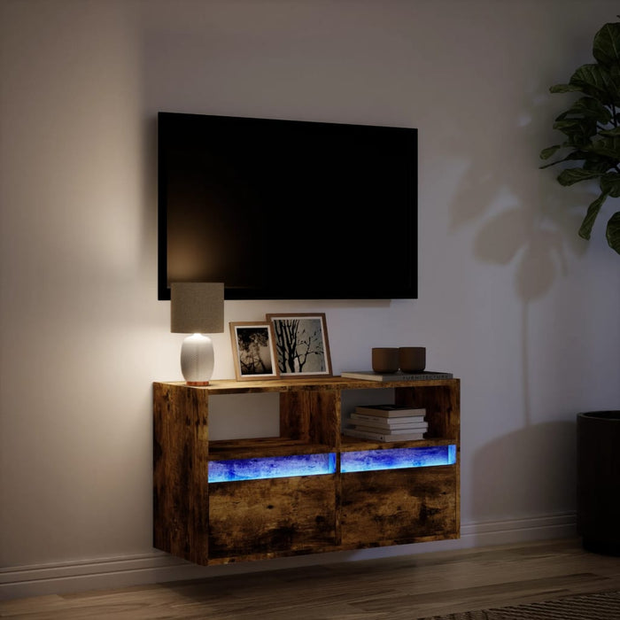 Comodă TV de perete cu lumini LED, stejar fumuriu, 80x31x45 cm