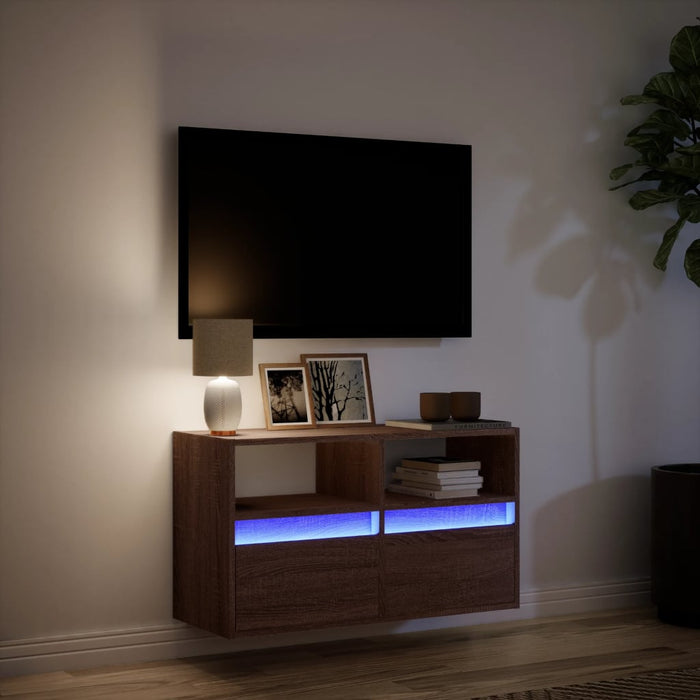 Comodă TV de perete cu lumini LED, stejar maro, 80x31x45 cm