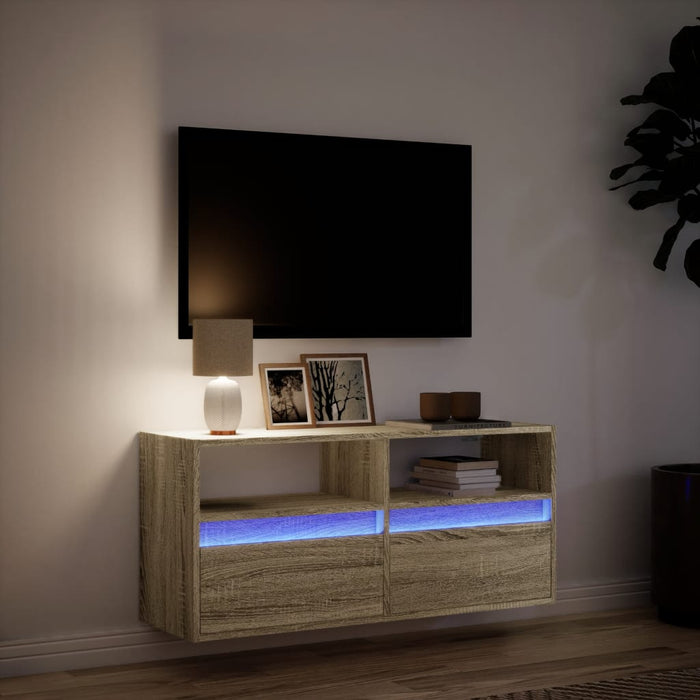 Comodă TV de perete cu lumini LED, stejar sonoma, 100x31x45 cm