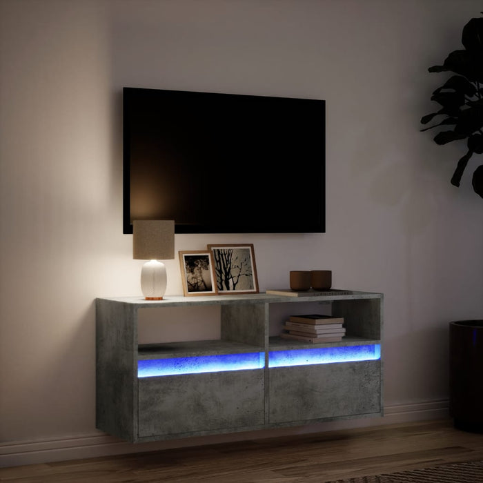 Comodă TV de perete cu lumini LED, gri beton, 100x31x45 cm