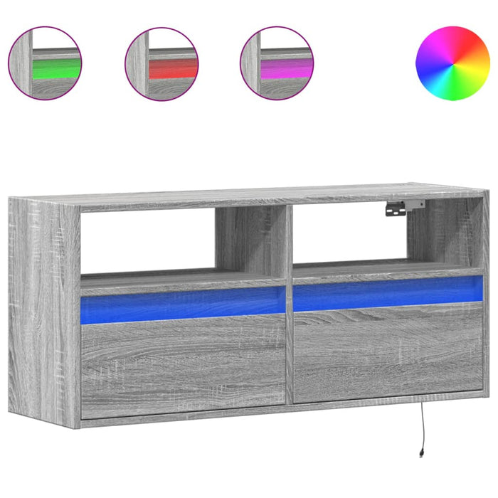 Comodă TV de perete cu lumini LED, gri sonoma, 100x31x45 cm