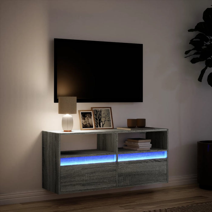 Comodă TV de perete cu lumini LED, gri sonoma, 100x31x45 cm