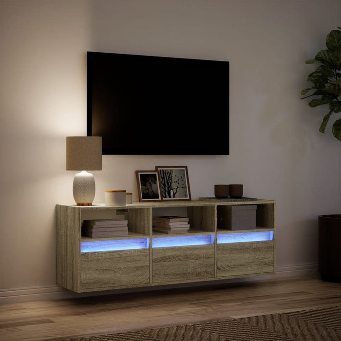 Comodă TV de perete cu lumini LED, stejar sonoma, 130x31x45 cm