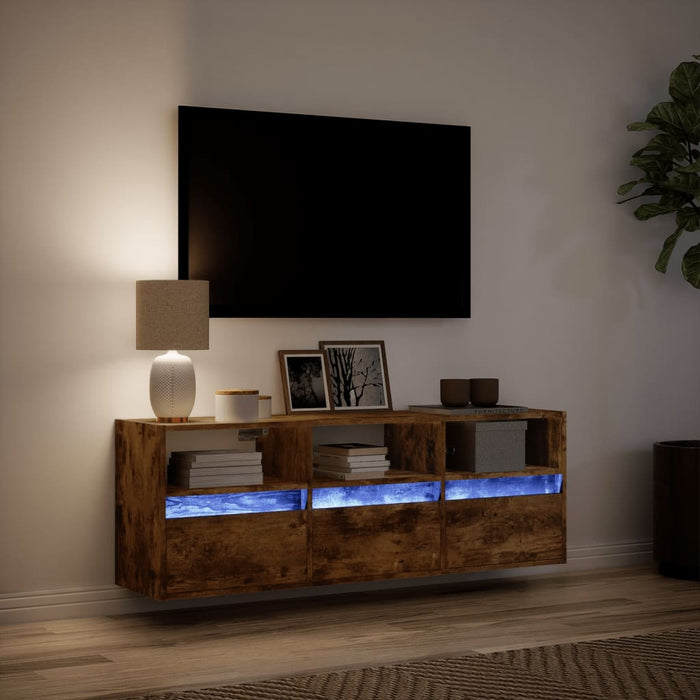 Comodă TV de perete cu lumini LED, stejar fumuriu, 130x31x45 cm