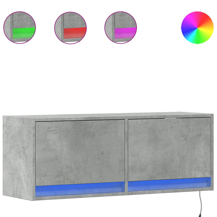 Comodă TV de perete cu lumini LED, gri beton, 100x31x38 cm