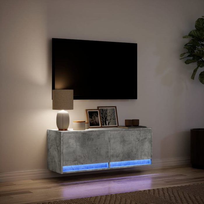 Comodă TV de perete cu lumini LED, gri beton, 100x31x38 cm