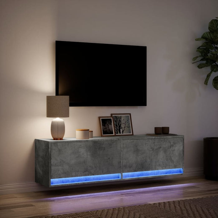 Comodă TV de perete cu lumini LED, gri beton, 140x31x38 cm